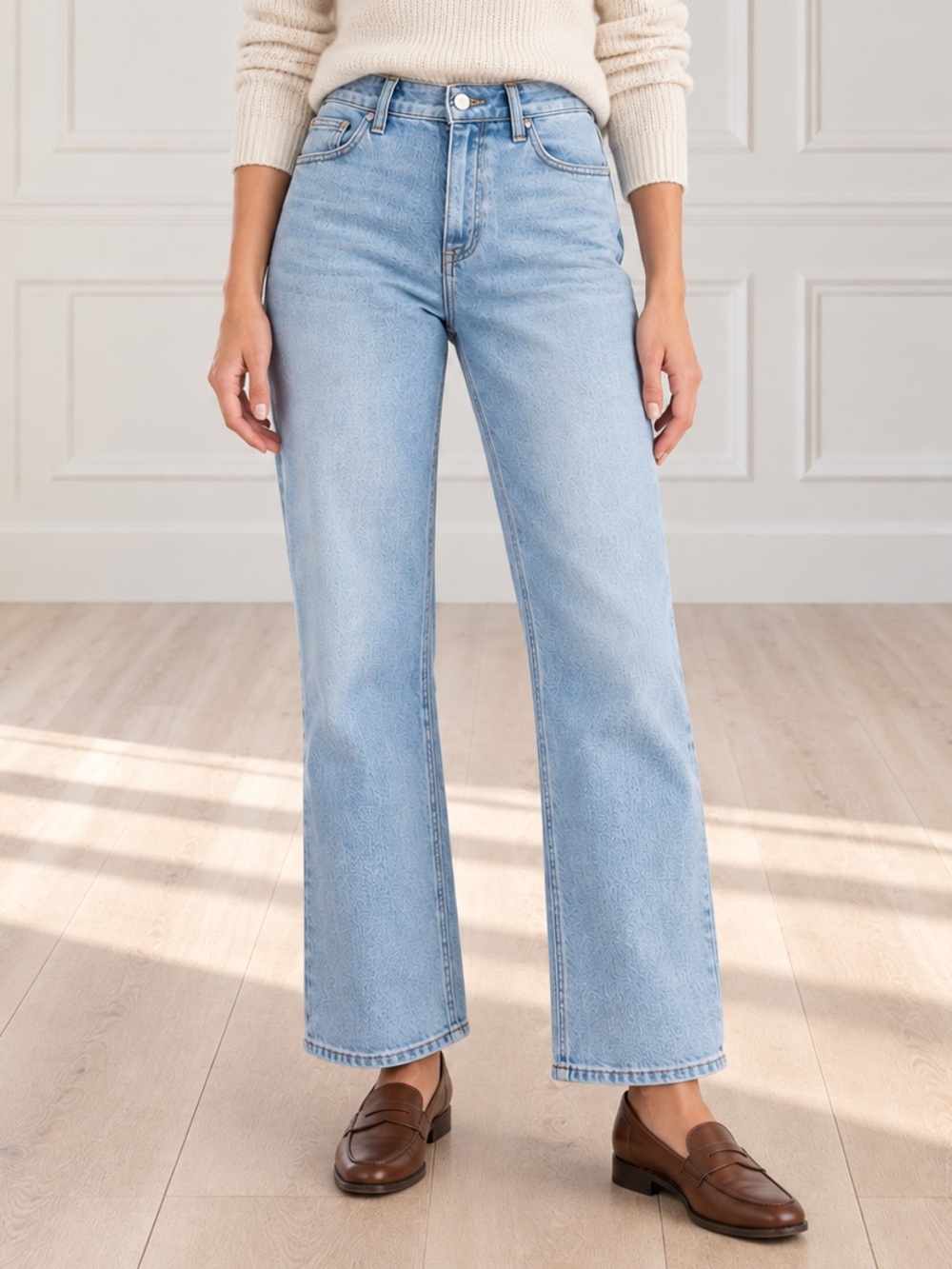 Quince Luna Stretch Relaxed Straight Jeans Sz 30 Cool Blue Mid Rise 28” Inseam